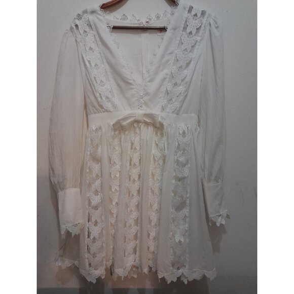 L'atiste By Amy Babydoll Mini Dress Lace Deep V Neckline Size Medium White - Picture 4 of 14